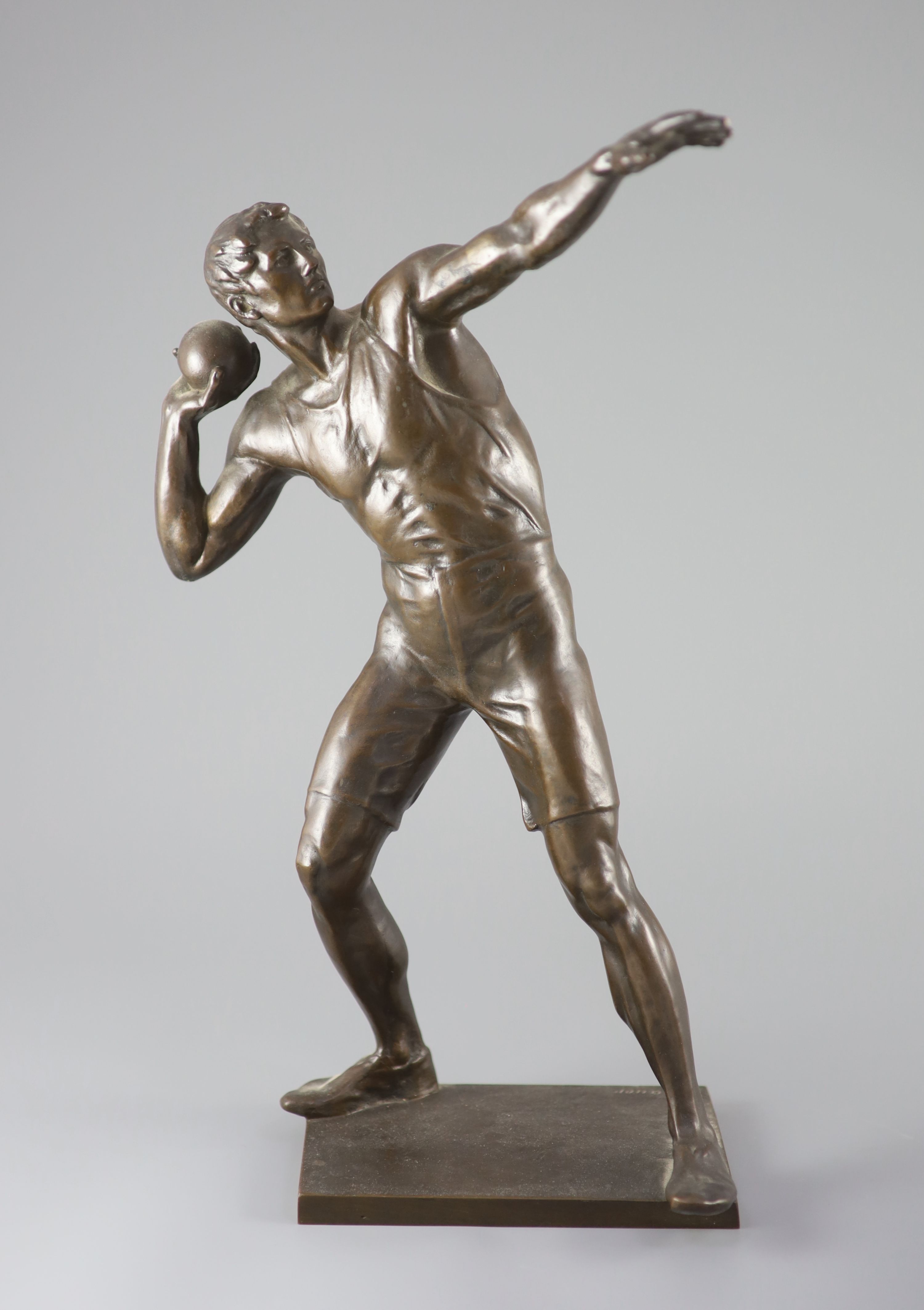 After Robert Cauer (1863-1947) a bronze figure of a shot-putter, c.1925